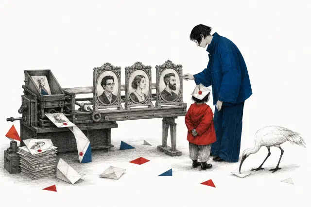 A paper machine offers three different imagined portraits while a family looks on.