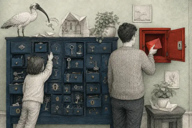 A cabinet holds many different keys while a parent places a recovery envelope in a separate red wall safe.