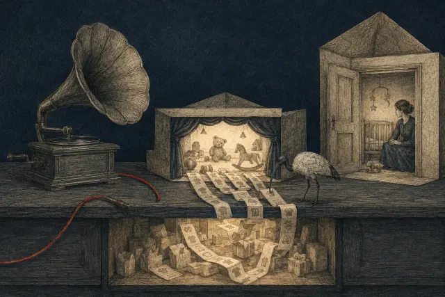 An unplugged speaking horn stands beside a dark nursery theater while paper purchases travel beneath the table toward an advertisement stage.