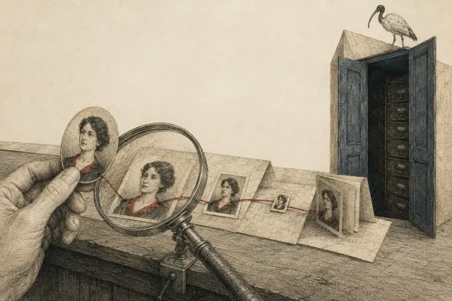 A magnifier follows matching portrait prints across a workbench toward a dark cabinet behind an indigo paper door.