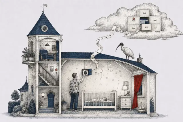 A cutaway nursery connects by an eye-patterned ribbon to filing drawers in a cloud; a parent reaches toward the camera.