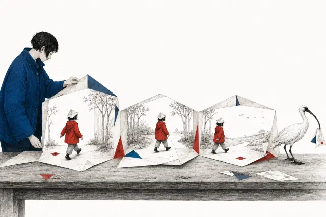 A parent holds open three folded-paper stages showing a child walking through consecutive scenes.