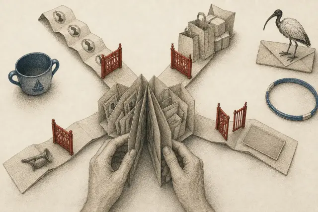 Hands open a folded address book on a white tabletop, where separate red gates cross paths carrying portraits, parcels, a photograph and a speaking horn.