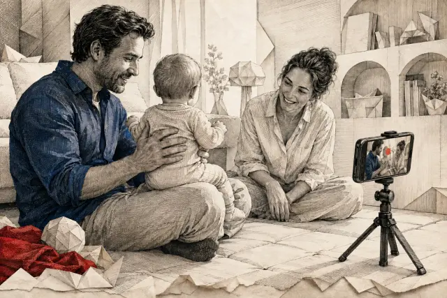 A fictional family recording a movement video; the child’s face is covered only in the recorded preview on the screen.