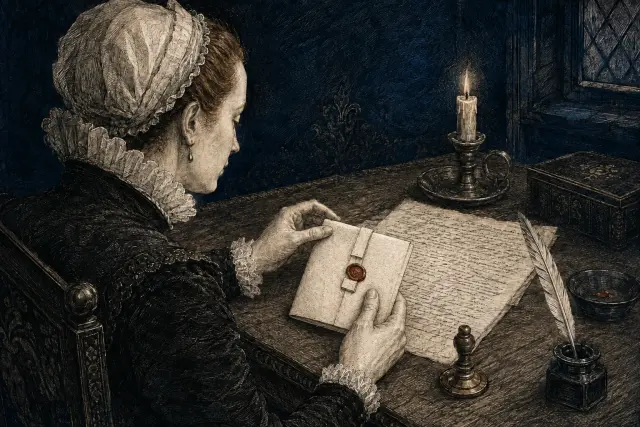 Mary, Queen of Scots folding and sealing a letter at a writing table.