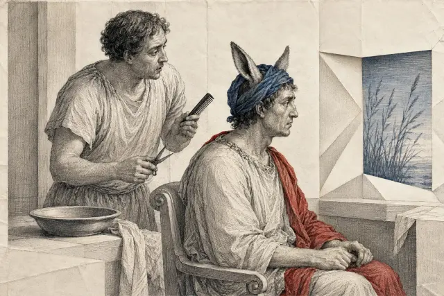A barber cutting King Midas’s hair with the king’s donkey ears exposed.