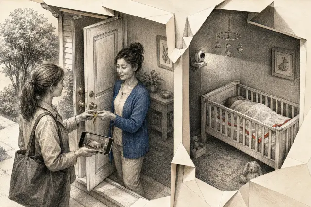 A caregiver returning a house key while a phone still shows the nursery’s baby-monitor view.