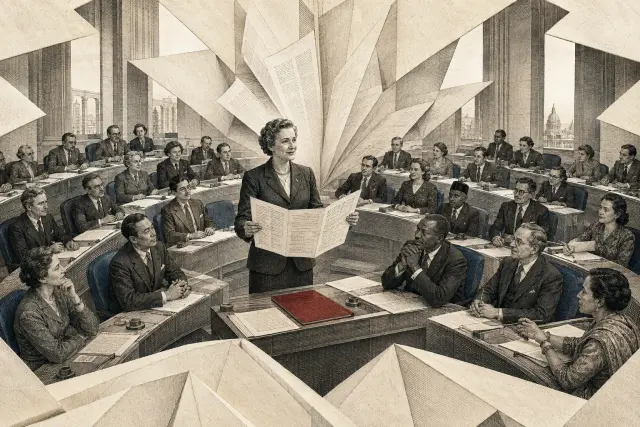 Delegates gathered in an assembly hall with papers before them, evoking the 1948 human rights declaration.