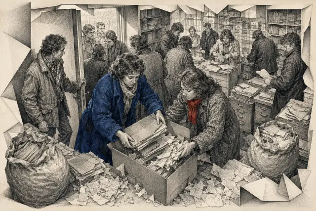 Citizens in an East German records office preserving files and gathering torn papers.