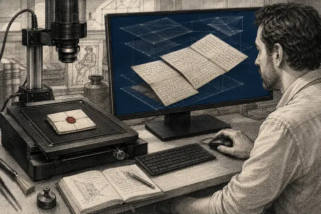 A researcher beside a sealed historic letter and a screen showing its paper unfolding digitally.