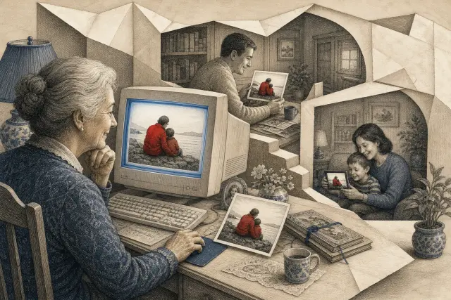 A grandparent at a computer viewing a family photograph, with the same picture in other households.