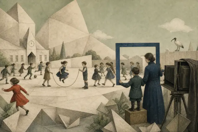 Children play in a folded-paper courtyard while a blue frame selects part of the scene for a camera; a child in red keeps playing outside that frame.