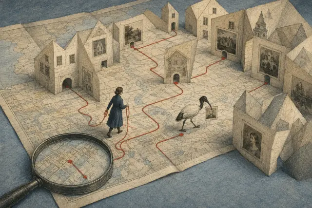 A parent and ibis follow red threads between picture-bearing houses on a folded map, with a magnifying glass in the foreground.