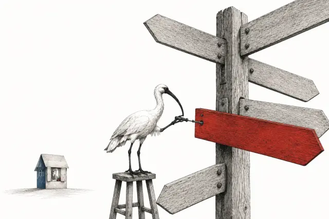 An ibis takes apart a signpost while the house it points to still holds a picture.