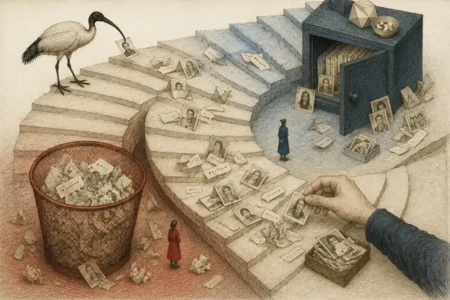 A parent sorts portraits and paper messages across a staircase beside a blue cabinet, a red basket and an ibis holding another print.