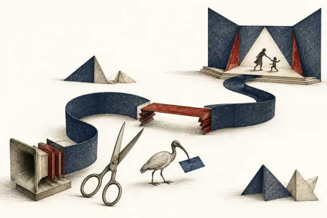 A blue paper ribbon runs from a speaking horn to a small family stage; a red bridge replaces one cut-out section, which an ibis carries away.