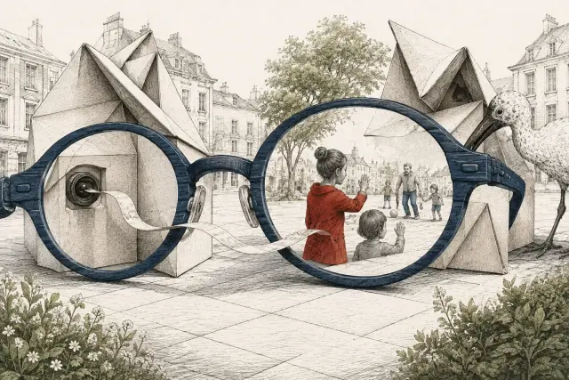 Giant blue spectacles frame a family in a courtyard while a paper ribbon runs from a lens toward an ibis.