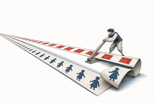 A craftsperson aligns two paper ribbons carrying a child and a set of red covers.
