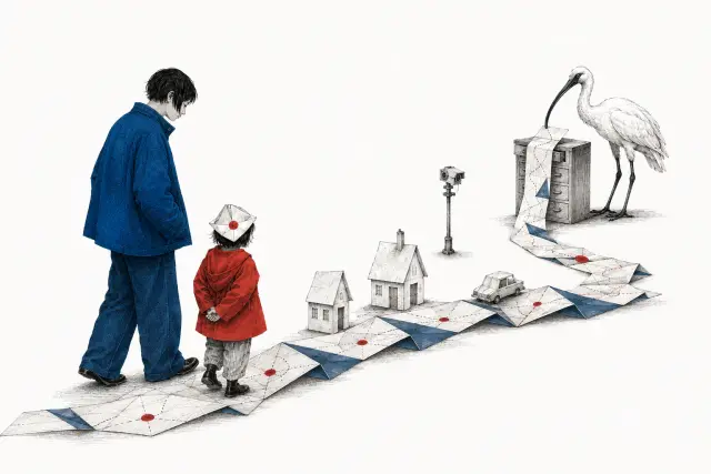 A family walks through a paper town while an ibis files strips of their route into a long ledger.