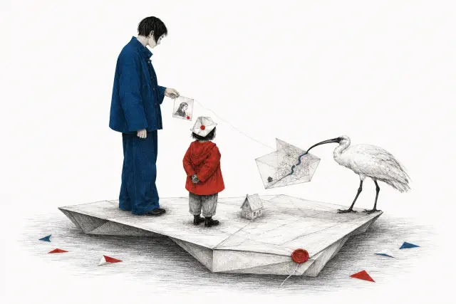 An ibis pulls a thread from a picture, revealing a folded street map beside a parent and child.