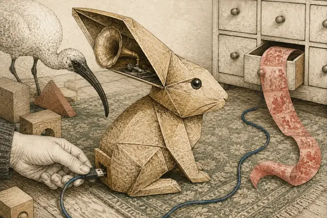 A folded-paper hare contains a speaking horn while a hand holds its disconnected cable; recordings spill from a drawer nearby.