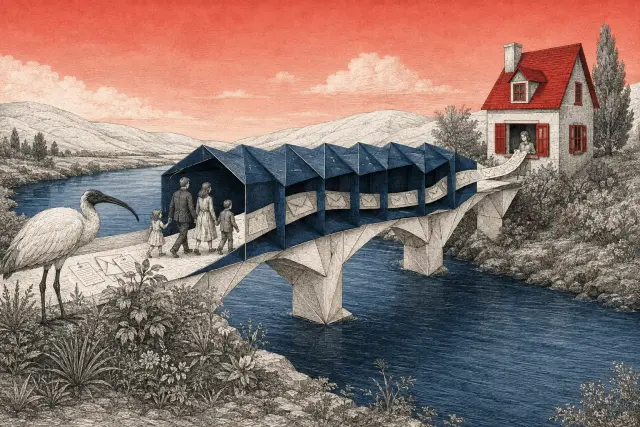 A family crosses a blue covered bridge as a ribbon of letters travels toward a person in a house at its far end.
