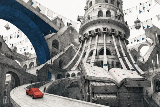 An imaginary paper watchtower gathers strips of information above a tiny car and a maze of stairs.