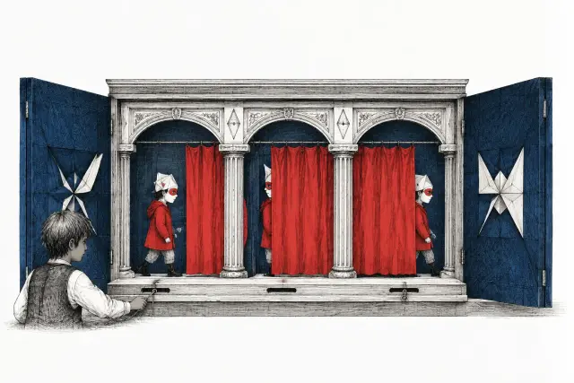 A red curtain moves across a paper theater as a child passes behind its columns.