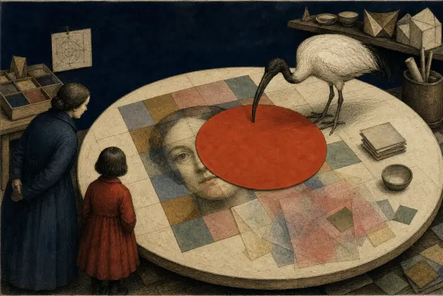 A parent, child and ibis gather around a round workshop table where a red paper disc partly covers a tiled portrait.