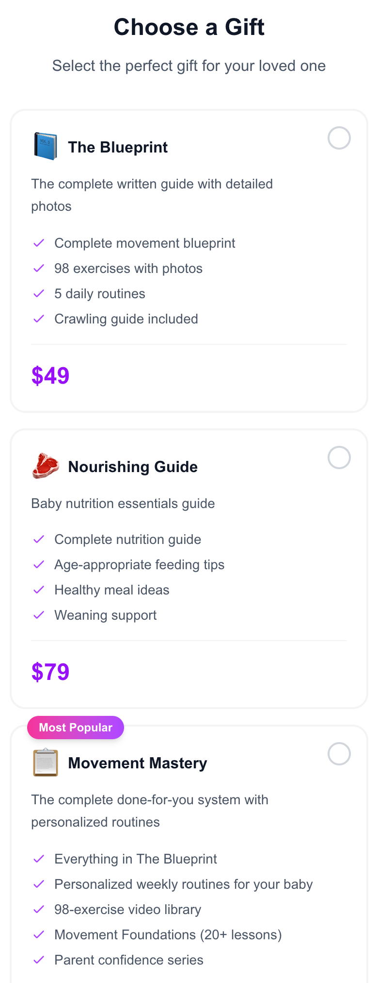 The "Choose a Gift" step at babyacrobatics.com/gift, with cards for The Blueprint, the Nourishing Guide, and Movement Mastery.