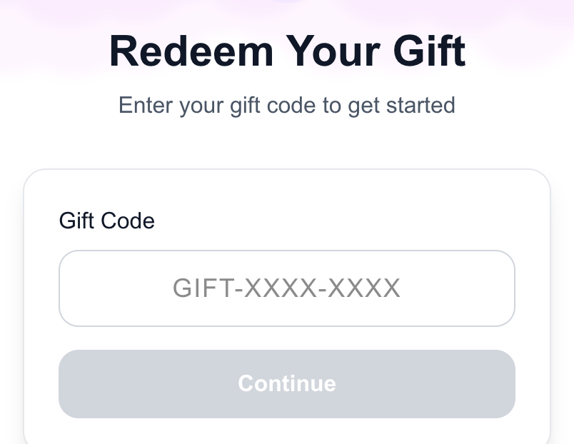 The redeem page at babyacrobatics.com/redeem: a "Gift Code" field showing the GIFT-XXXX-XXXX format above a Continue button.